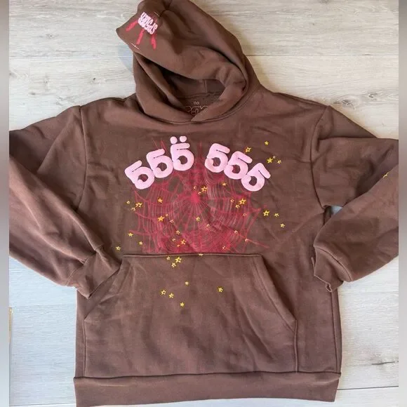 Sp5der Angel Number Hoodie Sweatshirt Unisex Brown size‎ Small NWOT